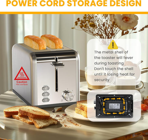Simple Deluxe 2-Slice Toaster, Silver, 6 Browning Settings, 3 Functions, Extra Wide Slot & Removable Crumb Tray