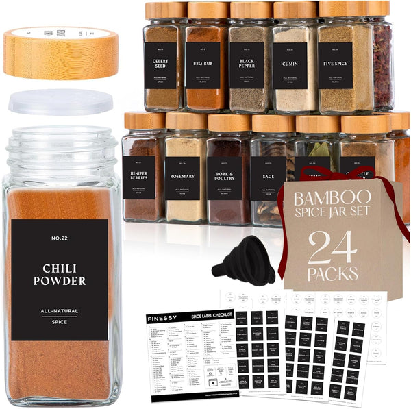 Bamboo Glass Spice Jars with Label and Shaker Lids Clear Empty 4oz