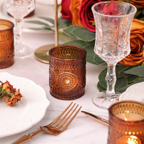 24pcs DEVI Vintage Amber Votive Candle Holders, Amber Glass Tea Lights Candle Holder for Baby Shower, Boho Wedding