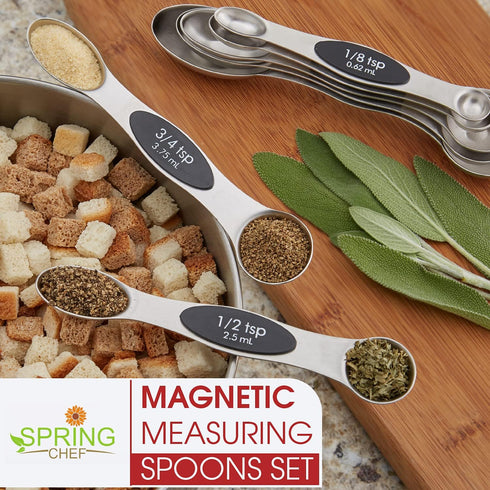 Spring Chef Stainless Steel Magnetic Measuring Spoons Set with Strong N45 Magnets, Heavy Duty Kitchen Gadgets, Set of 8