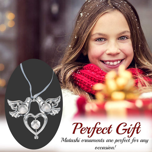 Matashi Chrome Plated Crystal Studded Silver Love Doves Birds Ornament with Heart, Romantic Gift for Christmas