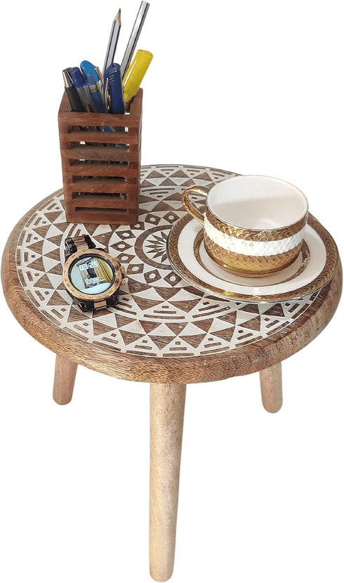 VANIYA CRAFTS Wooden Engraved Fold-able Round End Table/Side Table/Plant Stand/Stool for Living
