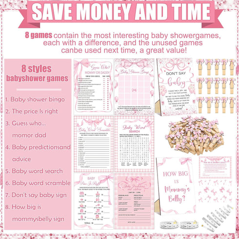 Funnymoom 426 Set-8 Mommy's Pcs Pink Bow Baby Shower Games Games, Includes Baby Shower Bingo, Price is Right, Guess