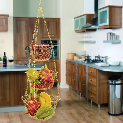 Fox Run Gold 3-Tier Kitchen Hanging Fruit Basket, 32-Inches.