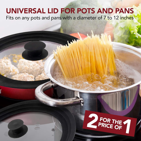 Universal Lids Set of 2, Modern Innovations, Fits 7 to 12-Inch Cookware, Silicone Replacement Pan Lid, Black