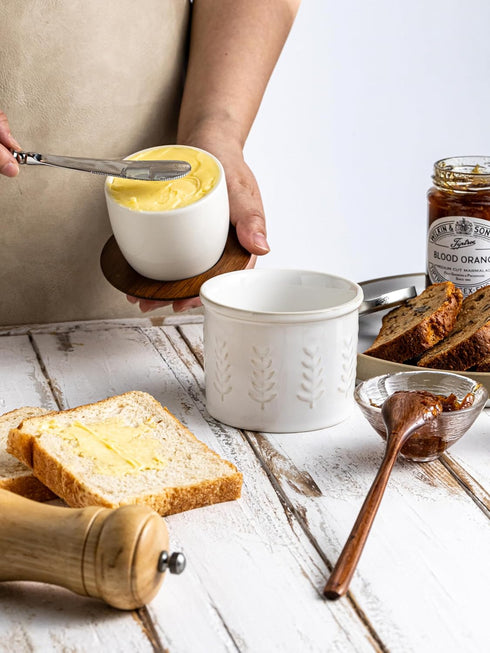Countertop, Ceramic Butter Dish With Lid, Butter Crock for French Butter Keeper for Spreadable Butter, Elegant Embossed