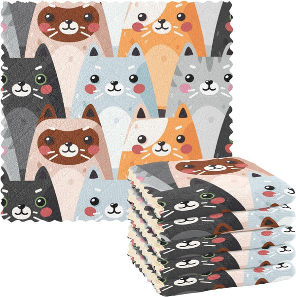 Cute Cats Microfiber Reusable Cleaning Cloths, Kitchen Dish Cloths for Washing Dishes, 6 Pack Animal Dish Towels