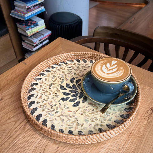 14" Terrekraft Large Rattan Serving Tray with Mother of Pearl, Round Coffee Table Tray Decor, Boho Decorative