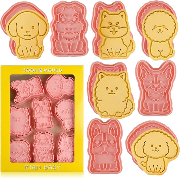 Dog Cookie Cutters Set, 8 Pcs Puppy Cookie Cutters with Plunger Stamps for DIY Biscuit Dog Snacks