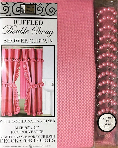 Mosaic Double Swag Fabric Shower Curtain with Vinyl Liner, 12 Rolling Rings, 2 Tie Backs (Pink)