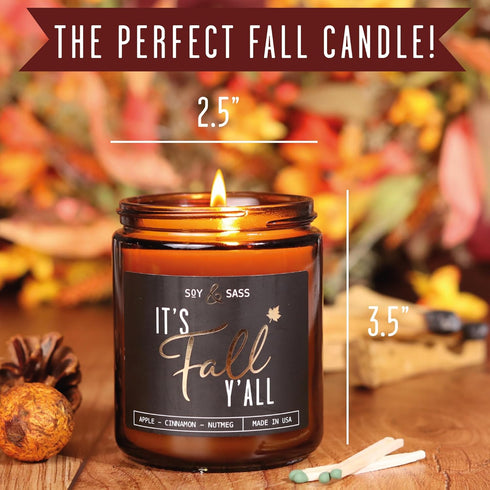 Fall Candles - 'It's Fall Yall' Candle with Apple Cinnamon & Nutmeg, Essential Oils, 9oz Jar, 50Hr Burn