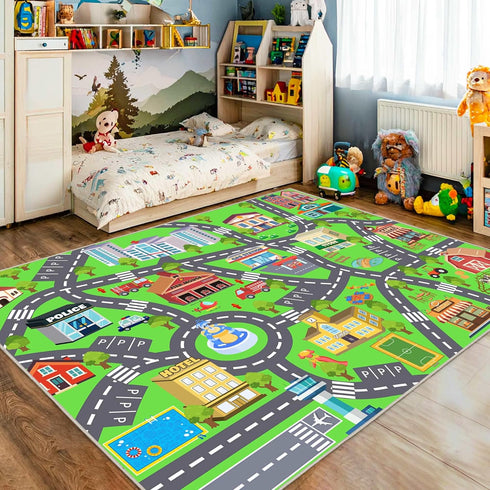 4x5 Kids Room Rug - Soft & Non-Slip Ft Town Car Rugs City Map Play Mat, Childrens Road Carpet Washable Playmat