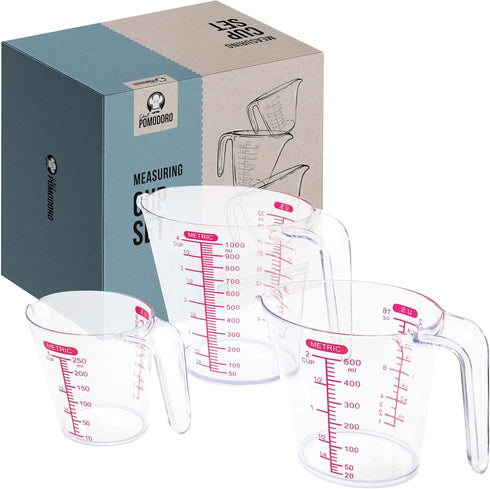 Chef Pomodoro 3-Piece Liquid Measuring Cups Set - Includes 1, 2, and 4 Cup, BPA-Free Plastic, Stackable Nesting