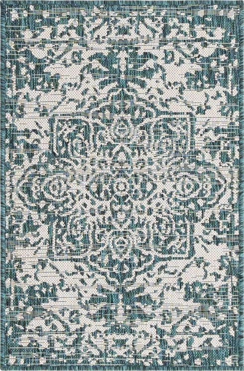 Unique Loom Outdoor Collection Area Rug 2' x 3' 1' Rectangle Teal/Ivory