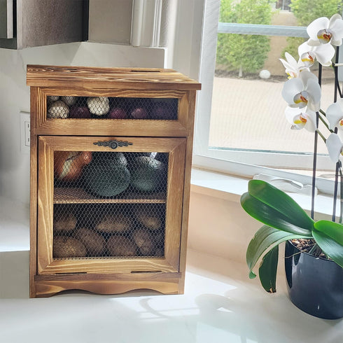 Ikee Design Wooden Countertop Potato and Onion Storage Bin, Rustic Color, 11.8W x 6.8D x 16H in