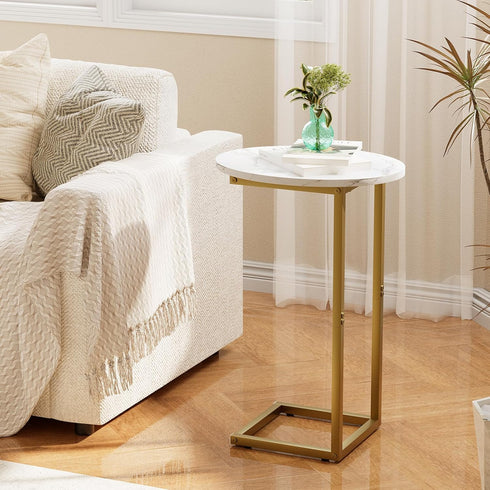 Katrawu C Shaped End Table, Oval Couch Side Tables for Living Room, Sofa End Table with Metal Frame, Small Wooden Snack