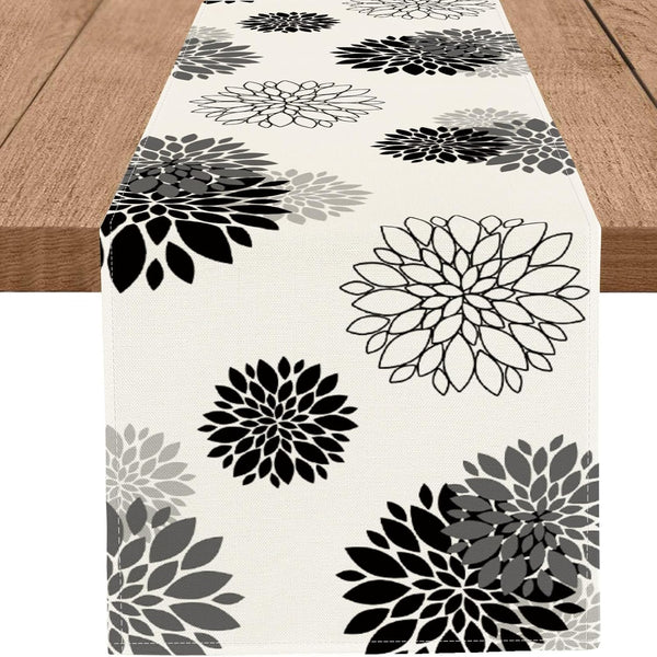 Black Gray Table Runner Dahlia Pinnata Flower Beige Table Runners Modern Elegant