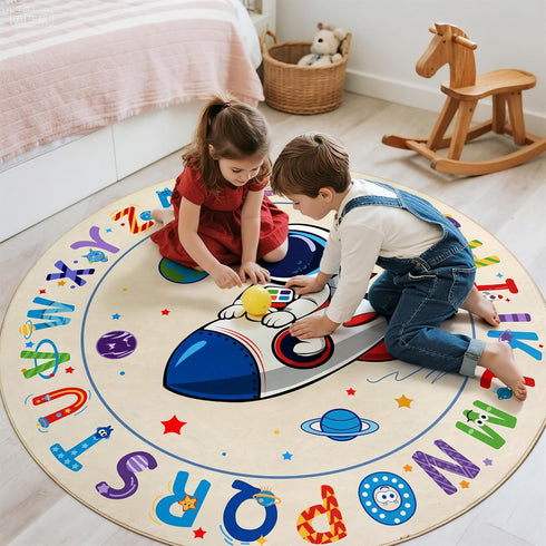 4ft, ABC Kids Alphabet Round Rug Washable Soft Circle Nursery Rug, Non-Slip Educational Carpet with Space Astronaut