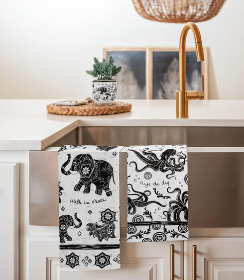 Karma Gifts KA101944 Black and White Boho Tea Towel, Cotton, Octopus 18" x 22"