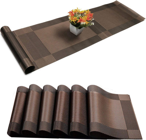 Placemats with Table Runner Sets, Woven Crossweave Vinyl Kitchen Tablemat, Washable PVC Mats for Dining Table