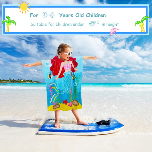 Catalonia Mermaid Hooded Bath Towel for Girl 2-6 Years Old, 100% Cotton Swim Poncho Towel, Sand Proof Beach Pool Towel