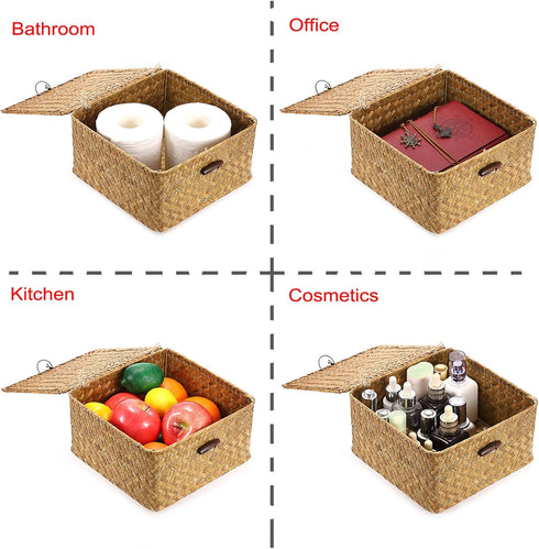 Hipiwe Wicker Shelf Basket Bin with Lid Square Handwoven Seagrass Box Decorative Household Storage Container