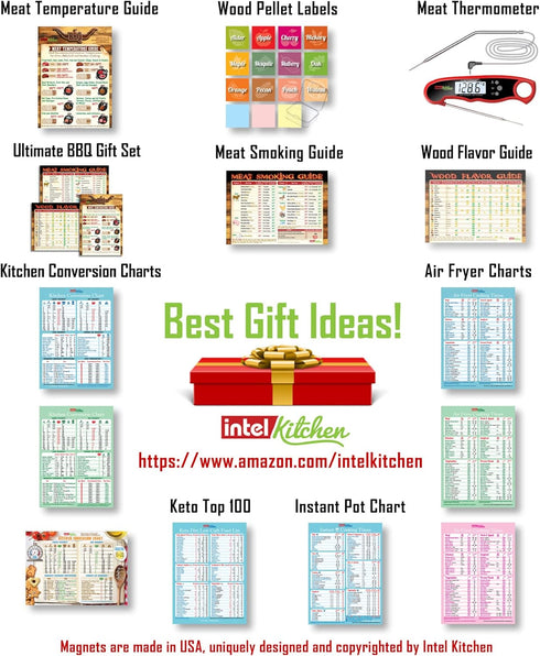 Ultimate BBQ Gifts Set: Must-Have Meat Smoking Guide (47 Meats) + Meat Temperature Chart + Wood Flavor Guide, Unique