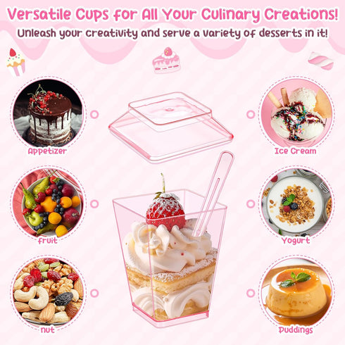 150 5 oz Mifoci Pcs Pink Plastic Dessert Cups with Lids and Spoons Valentine Mini Clear Reusable Yogurt Parfait