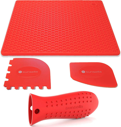 Silicone Cast Iron Potholder Set - Hot Handle Holder with 2 x Pan Scrapers & Silicone Hot Pad