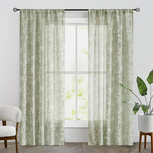 FMFUNCTEX Linen Sheer Curtains for Bedroom - Sage Green Blossom Print, 84 Inches Long, Floral Patterned Farmhouse