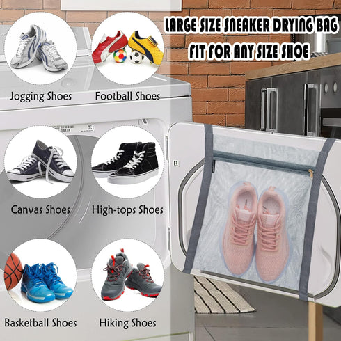 Reusable Sneaker Dryer Bag - Honeycomb Net Laundry Bags with Zipper & Strap for Washing Machine, 15.7''x13.8'', Grey