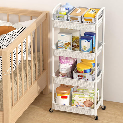 MOYIPIN 4-Tier Plastic Rolling Utility Cart with Handle,Utility Storage Cart for Office, Living Room, Kitchen,Movable