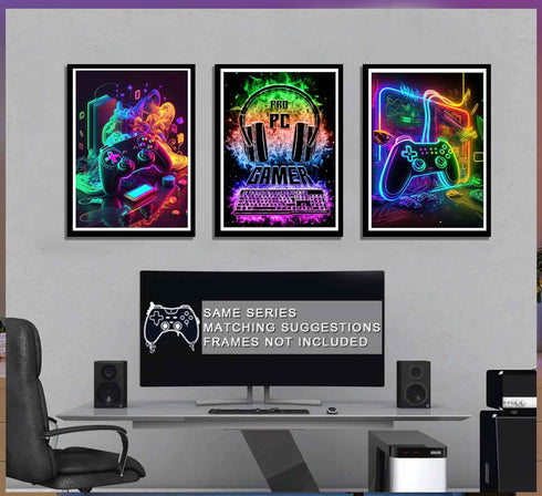 NBYARTQ 3Pcs Cool Gaming Wall Art - Retro Video Gamer Watercolor Posters, Colorful Neon Canvas Prints for Boys Room