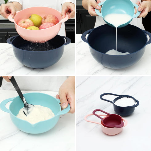 COOK WITH COLOR 8 Piece Nesting Bowls Set - Includes Mixing Bowls, Colander, Sifter, Measuring Cups, Navy