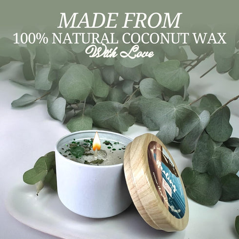 Healing Aromatherapy Candle. Tin Holder:100% Natural Coconut Wax with Eucalyptus & Lavender Essential Oils and Green Aventurine Crystals; for Intention Setting & Mental Clarity (Small 4oz)