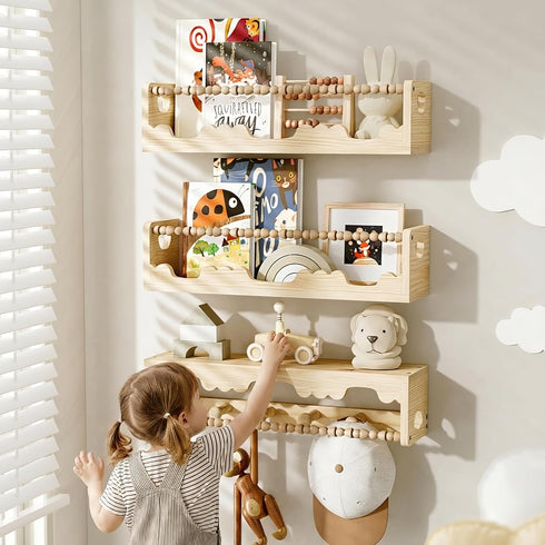 Wall,3 Pack Nursery Shelves for Pine Wood Nursery Floating Book Shelves,Scalloped Floating Shelves for Living Room