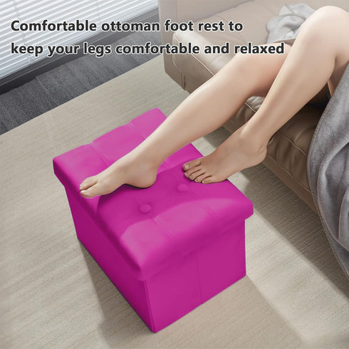 17 inch AmasSmile Storage Ottoman Foot Rest Stool, Velvet Footstool Bench, Hot Pink Short Ottomans Stool, Small Folding