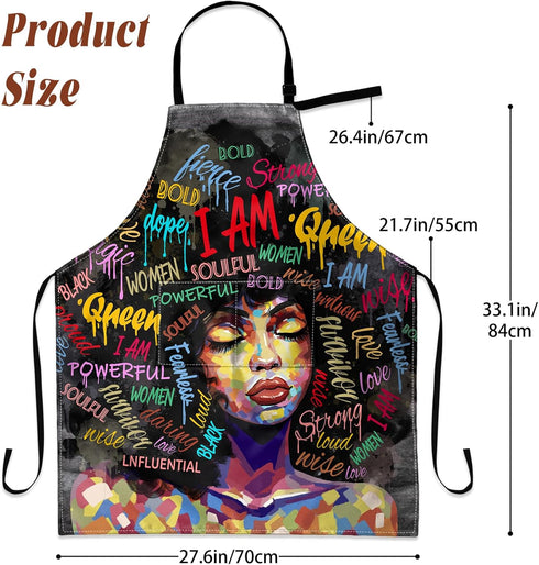 African Art Apron for Women with Pockets, Adjustable Waterproof Oil Proof Kitchen Apron Black Girl 33x28in