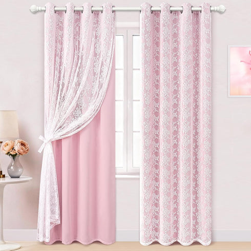 Yinhua Pink Curtains for Girls Room Double Layer Blackout Curtains for Bedroom