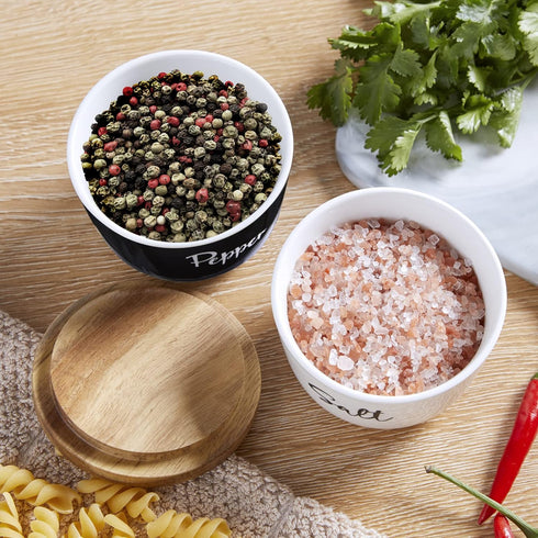 Salt and Pepper Bowls - 10 oz Ceramic Salt Cellar with Lid, Stacked Container with Acacia Wood Lid for Countertop, Set