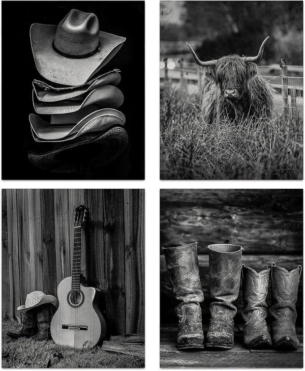 NIIO Western Cowboy Wall Art, Highland Cow Art Print, Vintage Farmhouse Canvas Decor for Men's Bedroom, Set of 4
