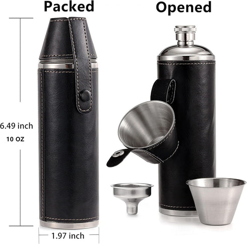 GENNISSY 10oz Black Bucket Hip Flask, PU Leather Stainless Steel, Liquor Flask with Funnel and Cups