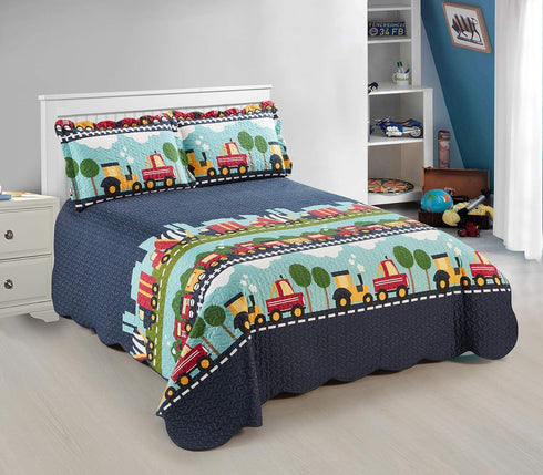 MK Home 3pc Full/Queen Bedspread Set Cars Train Construction Teens/Boys Kids Dark Blue Green