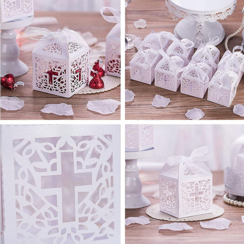 VIVIQUEN Baptism Favor Boxes, Laser Cut Cross Favor Boxes with 50 Ribbons for Baby Shower and Wedding Party Decorations