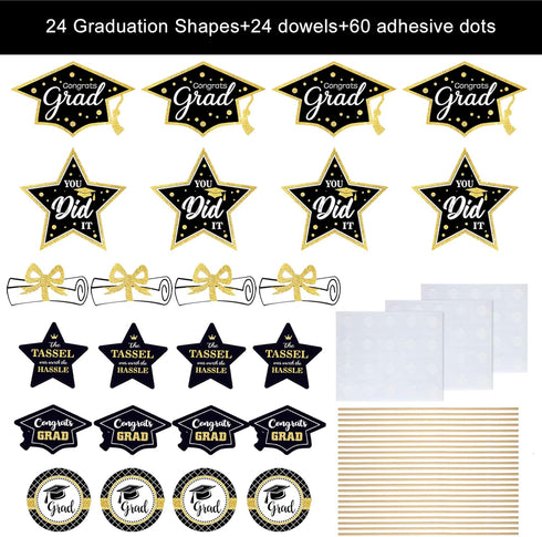 Black and Gold Graduation Decorations Set of 24, Class of 2025 Table Decor, Congrats Grad Party Supplies