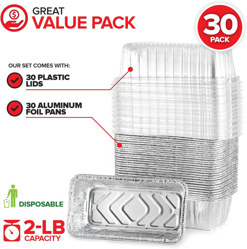 Stock Your Home Disposable Aluminum Loaf Pans with Lids, 2 Lb (30 Pack) Foil Baking Tins with Plastic Lid, Tin Pan with Cover for Cake, Banana Bread, Meatloaf, Mini Lasagna, Drip Trays by Stock Your Home