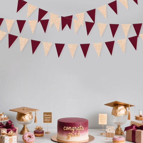 Burgundy Party Decorations - Maroon Champagne Gold Triangle Banner Flag Bunting for Birthday, Engagement, Wedding, Baby