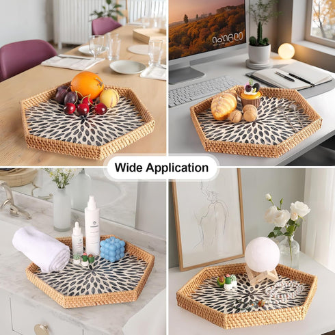 14.5"12.8") Hexagon Rattan Tray with Mother of Pearl Inlay, Rattan Serving Tray for Coffee, Bread, Fruits, Snacks