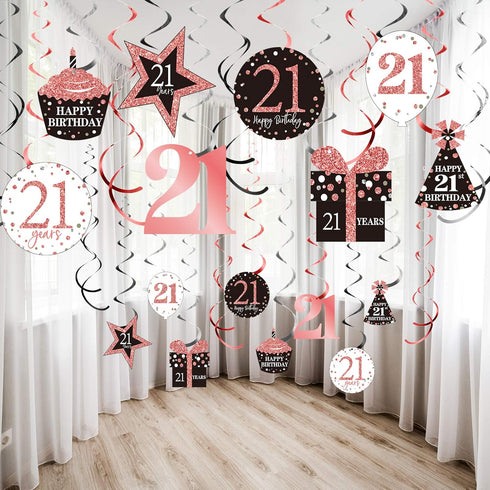 Blulu 21st Birthday Party Decorations, 21st Birthday Banners Rose Gold Hanging Swirls for Party Supplies 30 Count