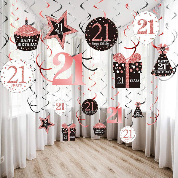 Blulu 21st Birthday Party Decorations, 21st Birthday Banners Rose Gold Hanging Swirls for Party Supplies 30 Count
